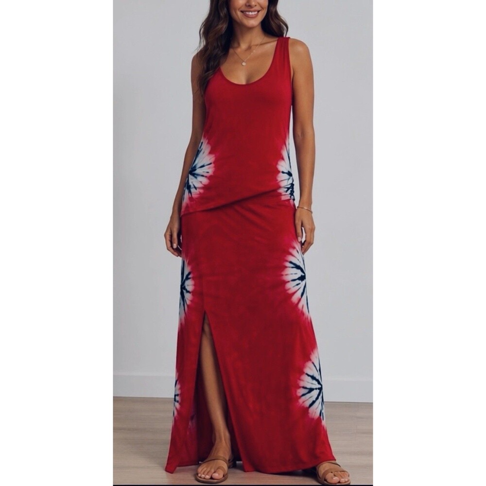 Women's Red Tie Dye Maxi Dress S Slit Summer Boho Beach Hippie Festival Casual